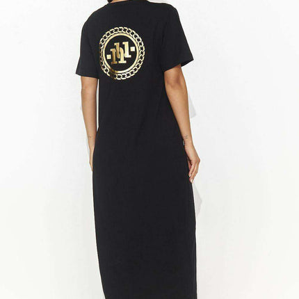 Elegant Black Maxi Sweater Dress with Artistic Appliqués