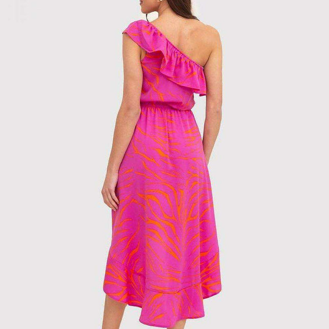 Fuchsia Floral Ruffle One-Shoulder Daydress
