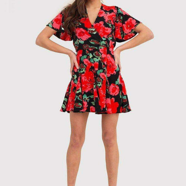 Red Floral Ruffle Sleeve Skater Dress - Made in Europe