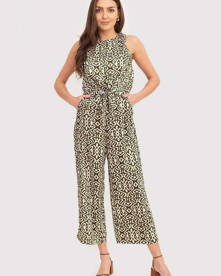 Khaki and Cream Tie-Front Sleeveless Jumpsuit by Ax Paris