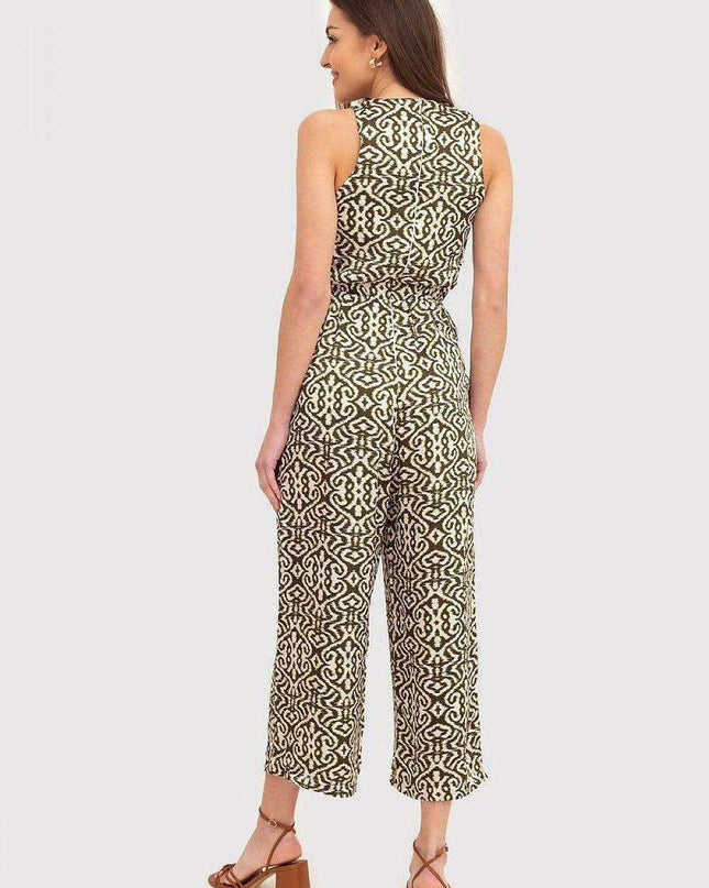 Khaki and Cream Tie-Front Sleeveless Jumpsuit by Ax Paris