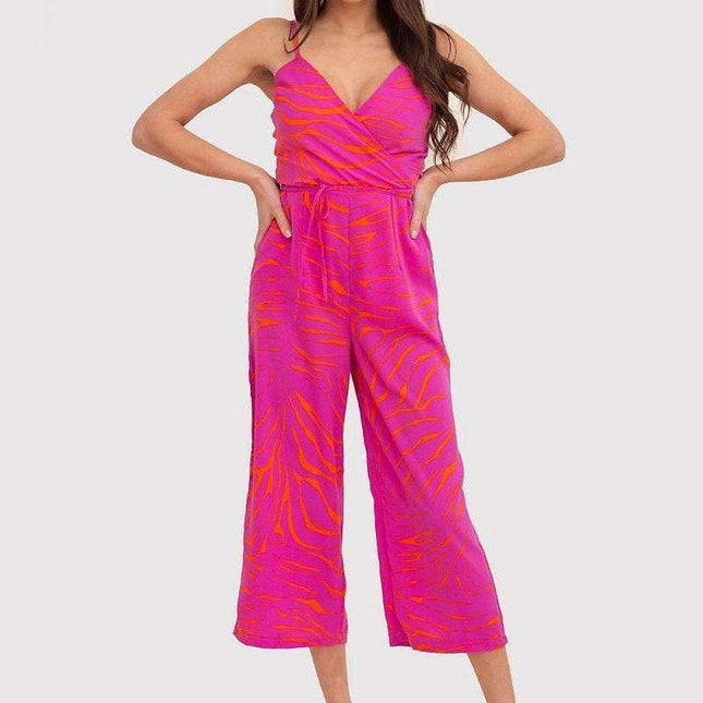Chic Strapless Jumpsuit with Envelope Top in Vibrant Pink and Orange Print