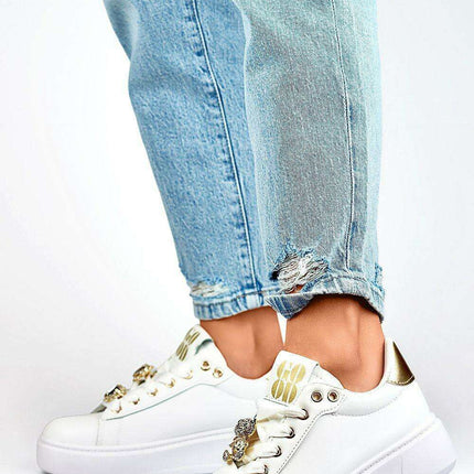 White Eco-Leather Athletic Shoes with Adjustable Fit