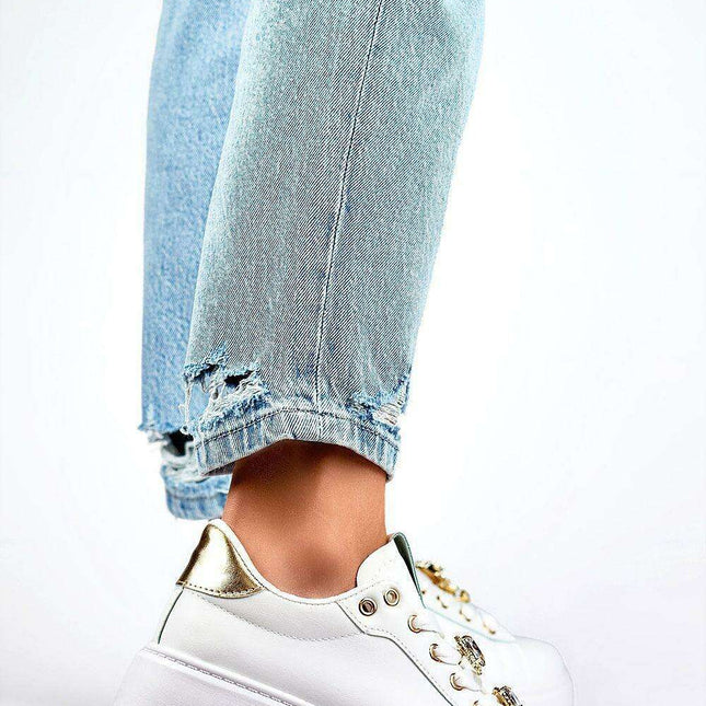 White Eco-Leather Athletic Shoes with Adjustable Fit