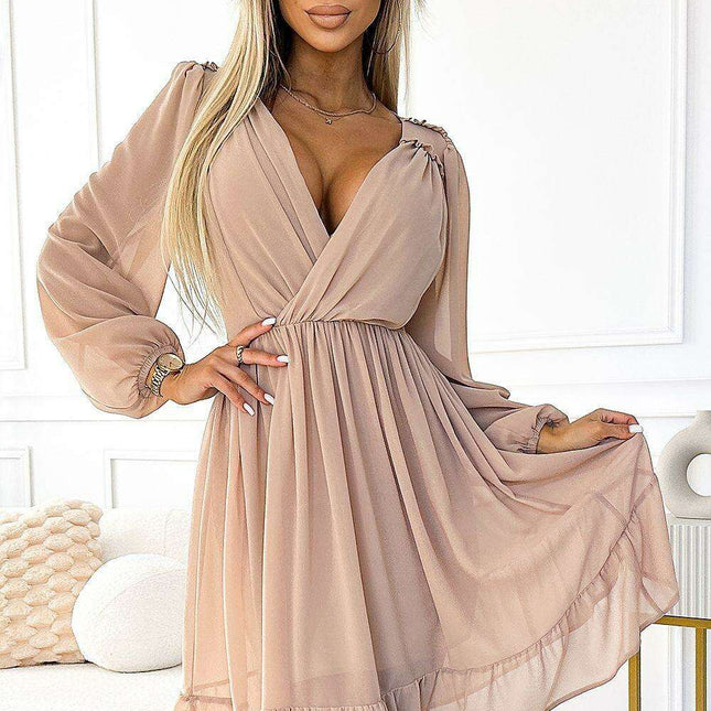 Chic Bottle Green Chiffon Midi Dress with Long Sleeves - Elegant Numoco Cocktail Fashion