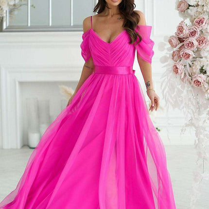 Elegant A-Line Evening Gown with Romantic Tulle Sleeves and Satin Belt