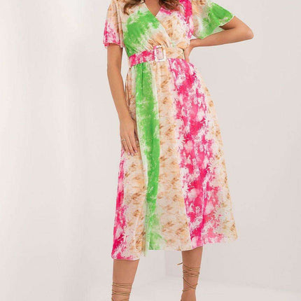 Chic Midi Dress With Colorful Prints And Coordinating Belt