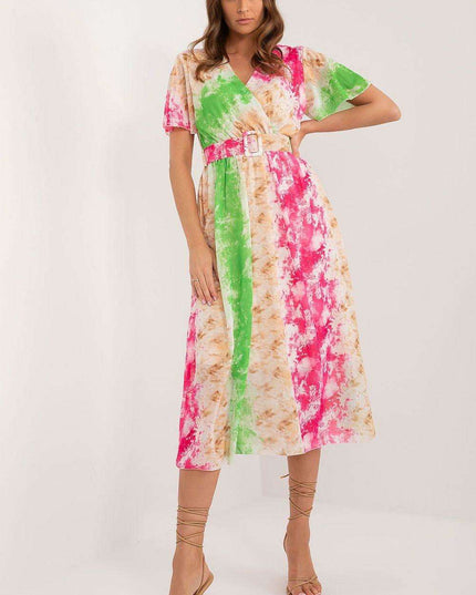Chic Midi Dress With Colorful Prints And Coordinating Belt