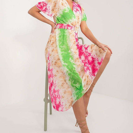 Chic Midi Dress With Colorful Prints And Coordinating Belt