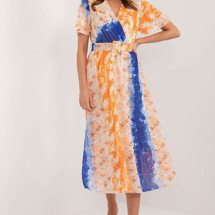 Chic Midi Dress With Colorful Prints And Coordinating Belt