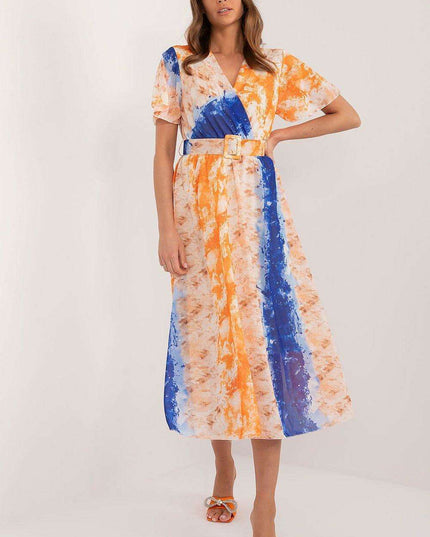 Chic Midi Dress With Colorful Prints And Coordinating Belt