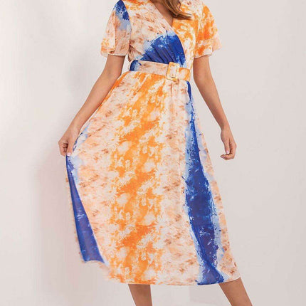 Chic Midi Dress With Colorful Prints And Coordinating Belt