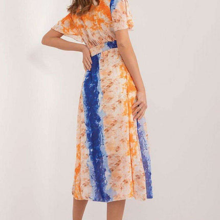 Chic Midi Dress With Colorful Prints And Coordinating Belt