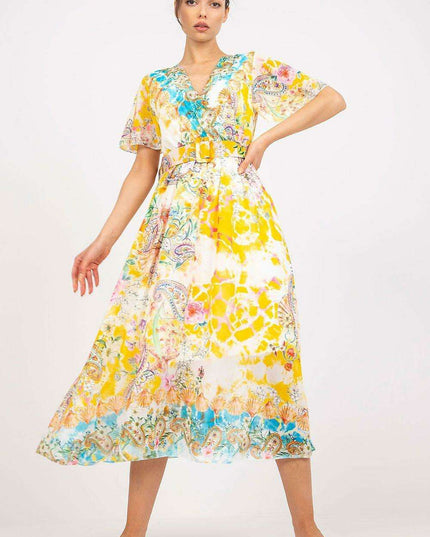 Chic Midi Dress With Colorful Prints And Coordinating Belt