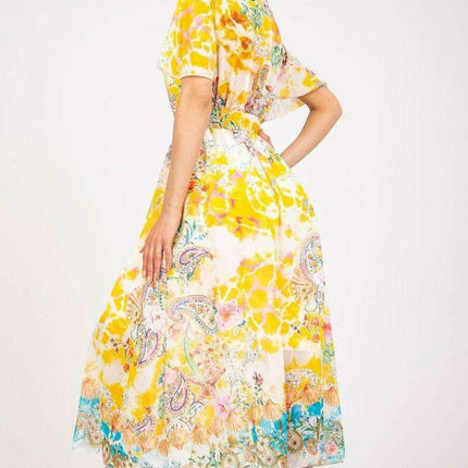 Chic Midi Dress With Colorful Prints And Coordinating Belt