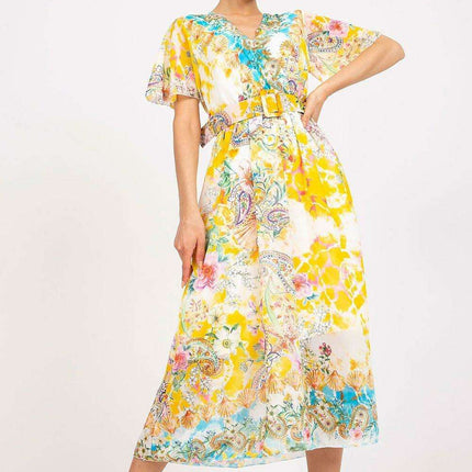 Chic Midi Dress With Colorful Prints And Coordinating Belt