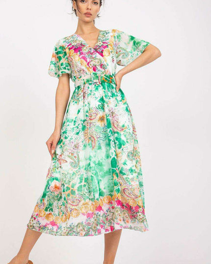 Chic Midi Dress With Colorful Prints And Coordinating Belt