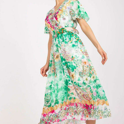 Chic Midi Dress With Colorful Prints And Coordinating Belt