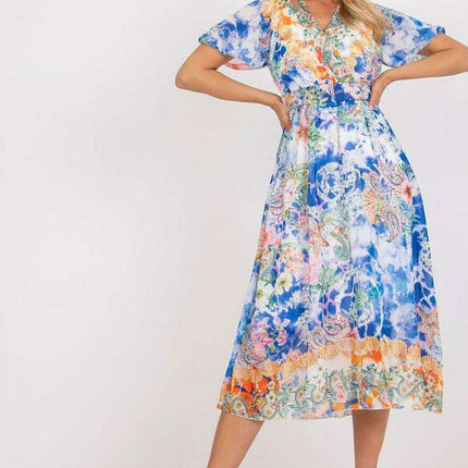 Chic Midi Dress With Colorful Prints And Coordinating Belt