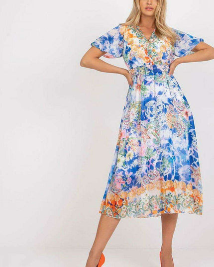 Chic Midi Dress With Colorful Prints And Coordinating Belt