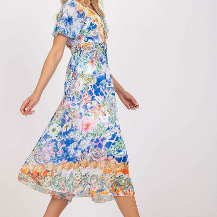 Chic Midi Dress With Colorful Prints And Coordinating Belt