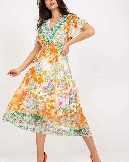 Chic Midi Dress With Colorful Prints And Coordinating Belt