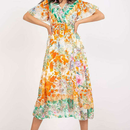 Chic Midi Dress With Colorful Prints And Coordinating Belt