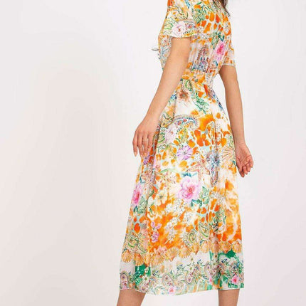 Chic Midi Dress With Colorful Prints And Coordinating Belt