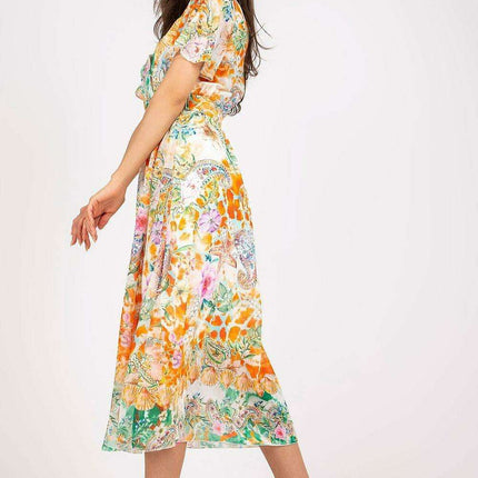 Chic Midi Dress With Colorful Prints And Coordinating Belt