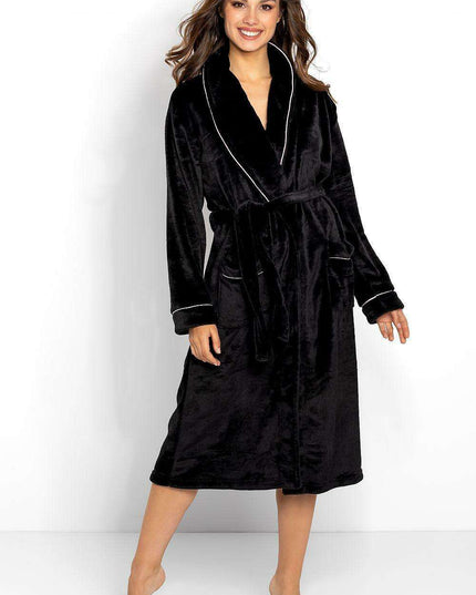 Elegant Women's Polyester Loungewear Bathrobe with Stylish Tie Belt