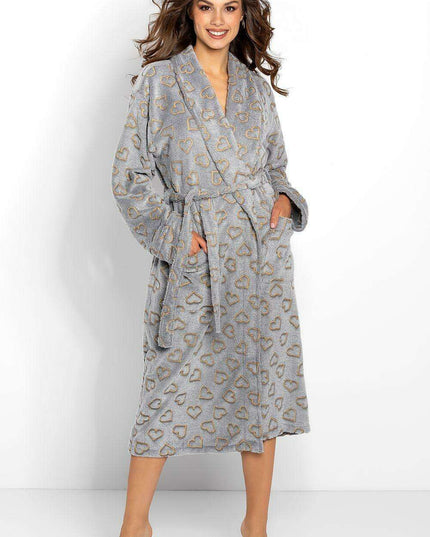 Sophisticated Gray Heart-Patterned Women's Bathrobe - Luxurious Comfort Choice