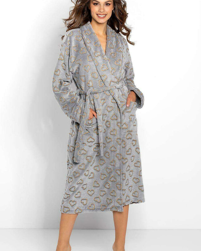 Sophisticated Gray Heart-Patterned Women's Bathrobe - Luxurious Comfort Choice