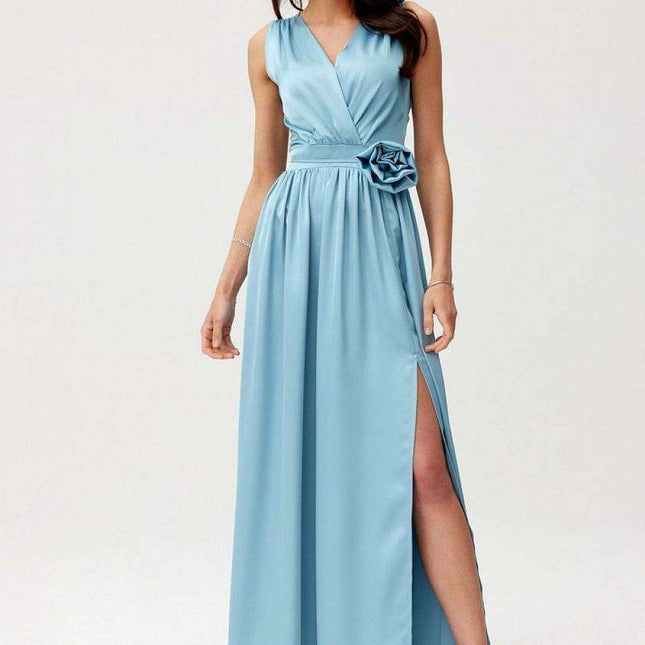 Satin Maxi Dress with Rose Detail and Elegant Silhouette