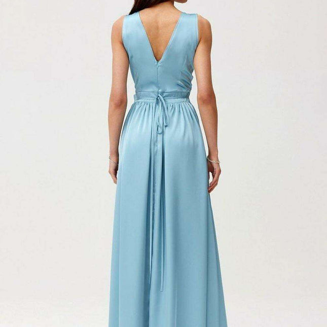 Satin Maxi Dress with Rose Detail and Elegant Silhouette