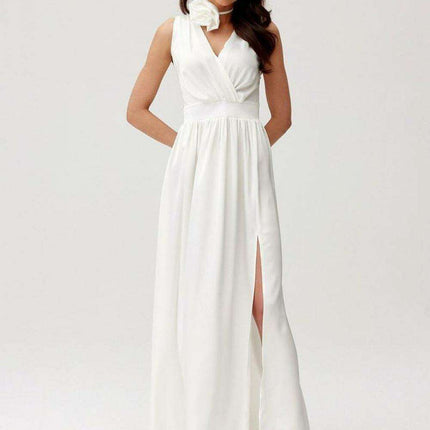 Satin Maxi Dress with Rose Detail and Elegant Silhouette