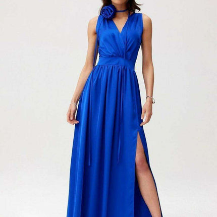 Satin Maxi Dress with Rose Detail and Elegant Silhouette