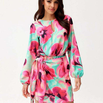 Elegant Teardrop Neckline Mini Dress with Adjustable Waist Tie