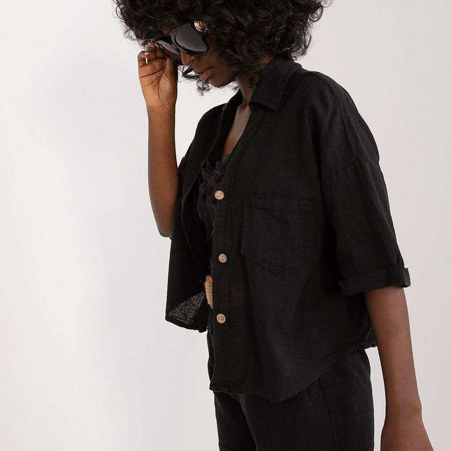 Light Linen Cotton Blend Short Sleeve Shirt Chest Pockets