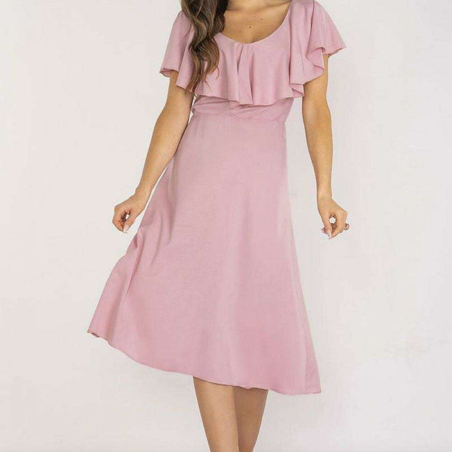 Elegant Ruffled Midi Dress with Adjustable Waistband