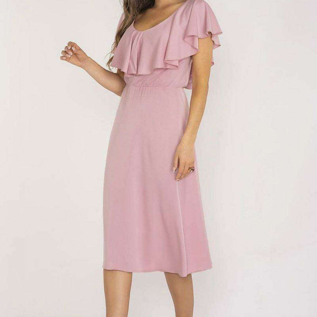 Elegant Ruffled Midi Dress with Adjustable Waistband