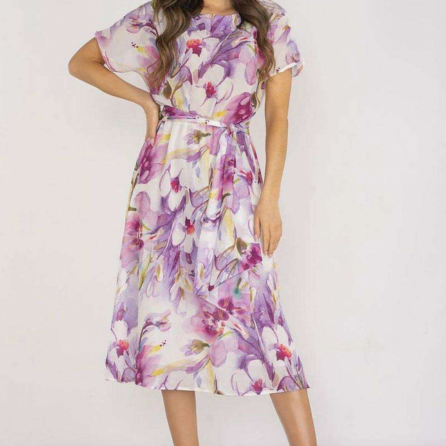 Elegant Flared Chiffon Dress with Adjustable Waistband