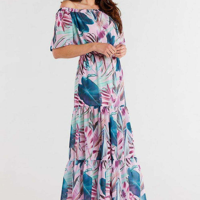 Elegant Flutter Sleeve Chiffon Maxi Dress with Elastic Waistband