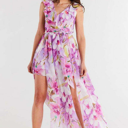 Elegant Ruffled Chiffon Daydress with Waist-Cinching Belt