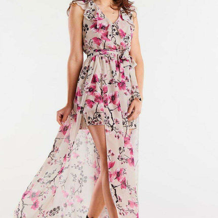 Elegant Ruffled Chiffon Daydress with Waist-Cinching Belt