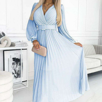 Elegant European Blue Chiffon Pleated Evening Dress