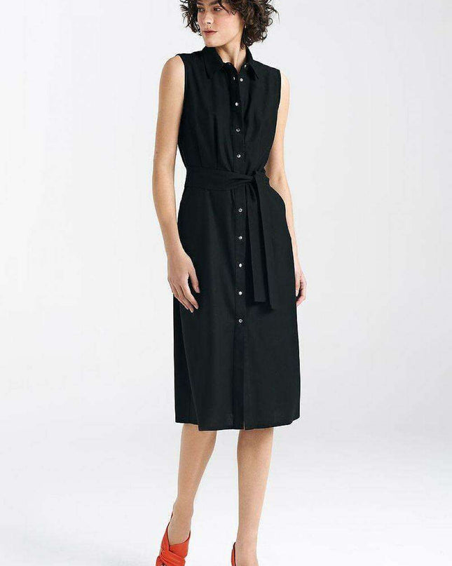 Elegant Sleeveless Midi Shirt Dress With Snap Fastening