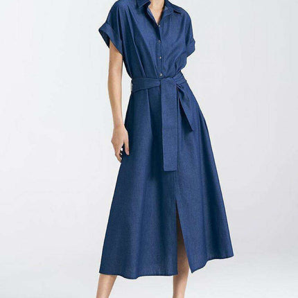 Chic Cotton Denim Midi Dress With Kimono Sleeves Snap