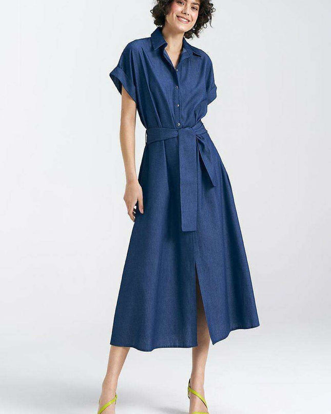 Chic Cotton Denim Midi Dress With Kimono Sleeves Snap