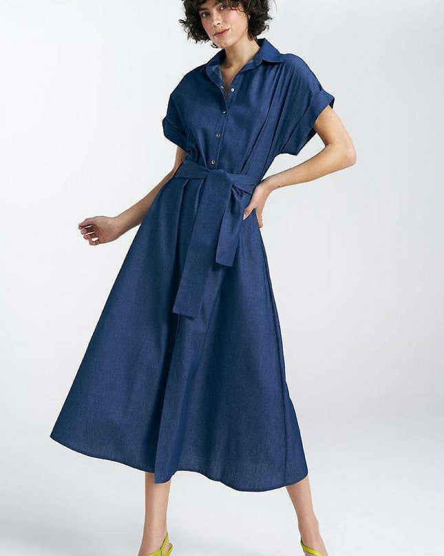 Chic Cotton Denim Midi Dress With Kimono Sleeves Snap