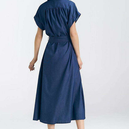 Chic Cotton Denim Midi Dress With Kimono Sleeves Snap